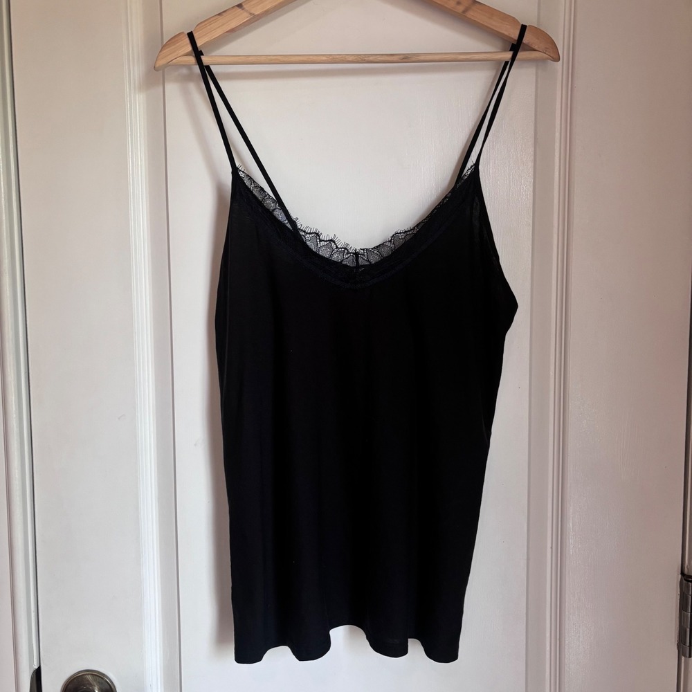 Skin Organic Pima Cotton Silky Jersey Cami with Lace Trim Black NEW Medium